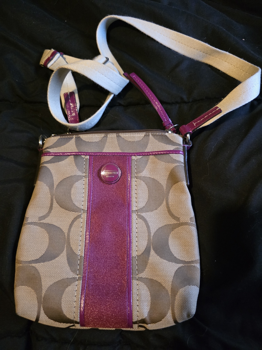 Coach Beige Canvas Crossbody with Magenta Trim
